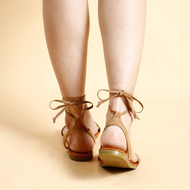 Trary Brown Lace Up Ankle Strap Sandals for Women Flat 05 - Image 5